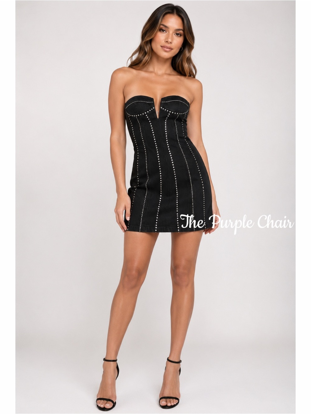 PRETTYLITTLETHING NWT Strapless Washed Black Diamanté Corset Denim Mini Dress 2